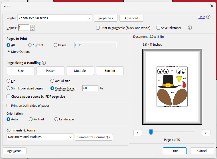 make template smaller - printing settings.