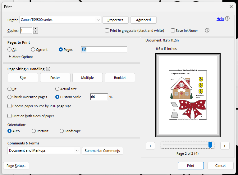 make template smaller - printing settings.