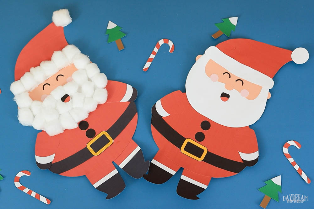 Two paper build a Santa crafts for kids with cotton balls and without it.