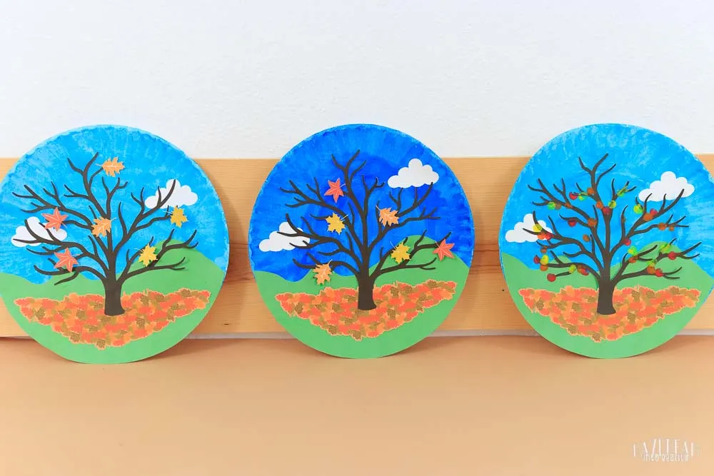 paper plate fall tree craft for kids different styles. Daylight, night, with fingertips for leave.