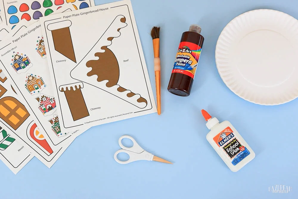 materials for making a paper plate gingerbread house craft