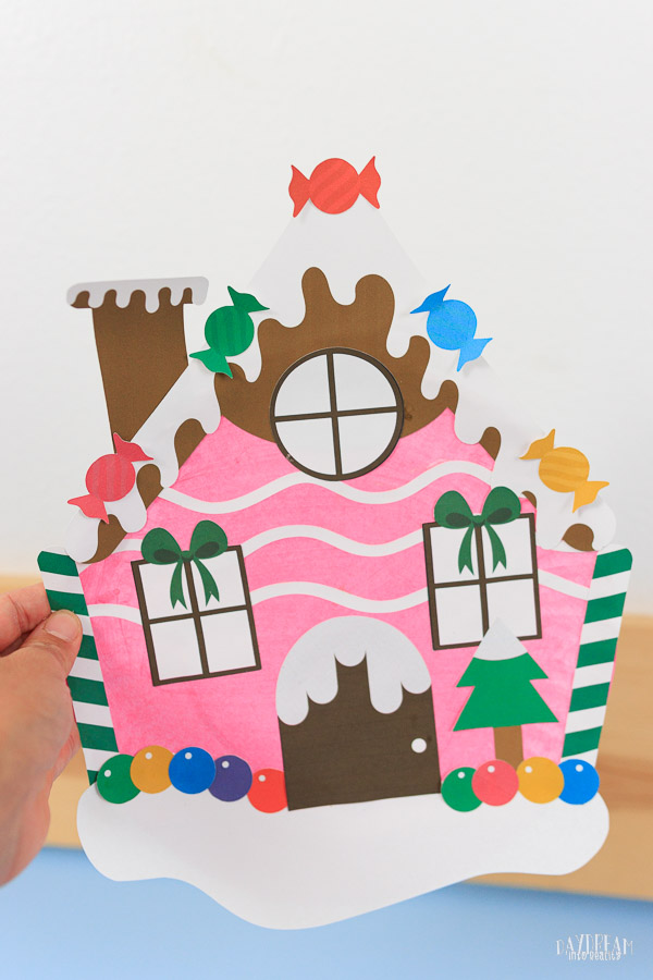 pink paper plate gingerbread house