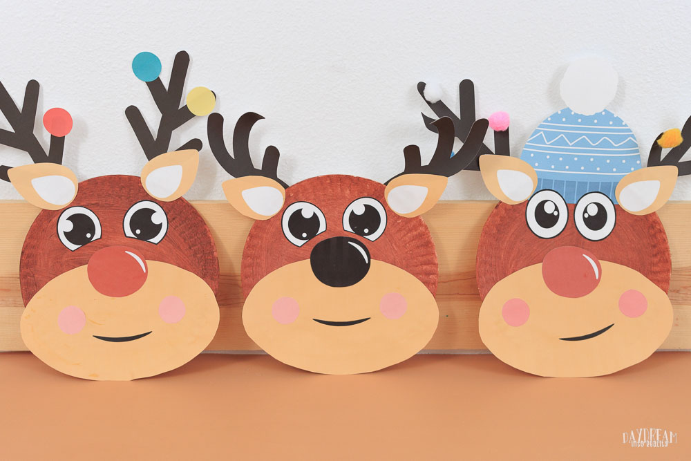 Three different paper plate reindeer crafts for kids.