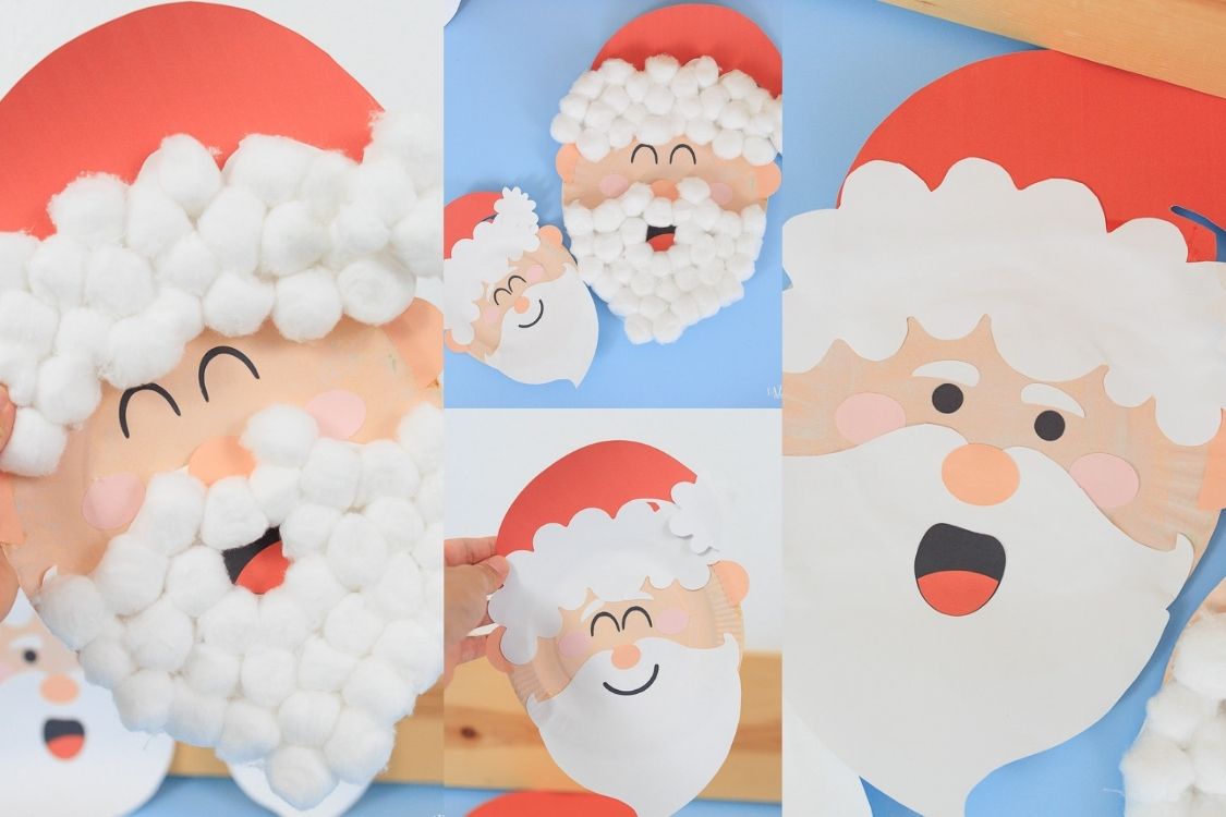 multiple Santas made with paper plates, cotton balls and a free template