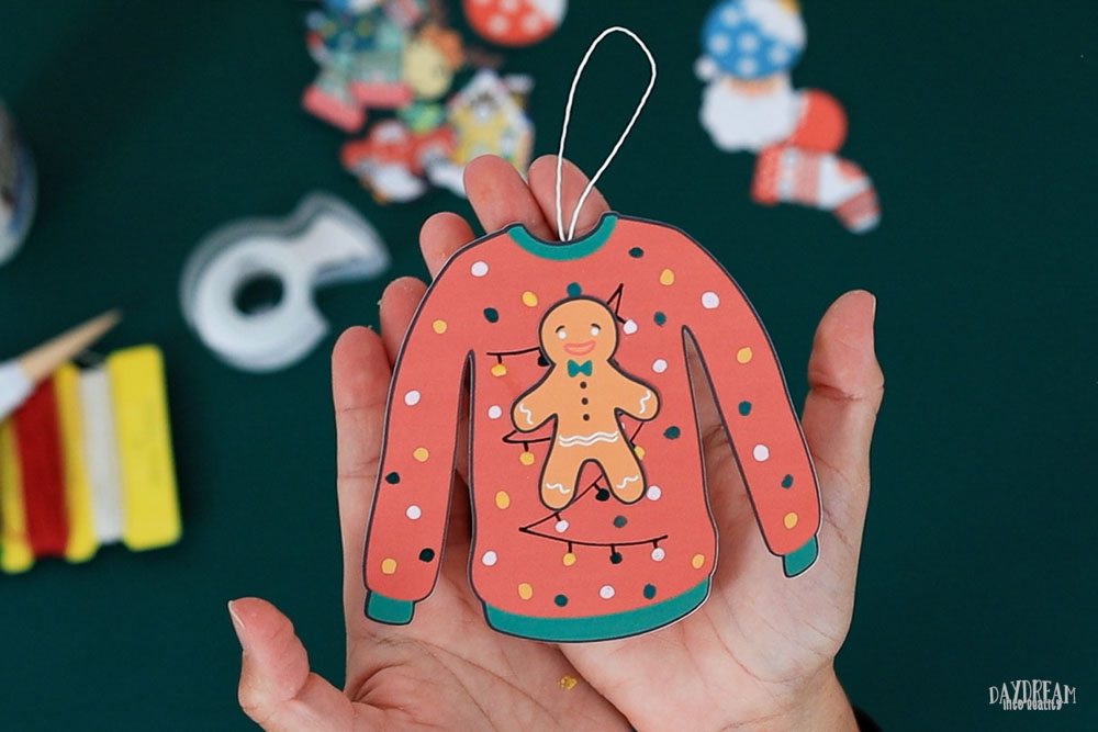 Paper ugly sweater craft made into ornament