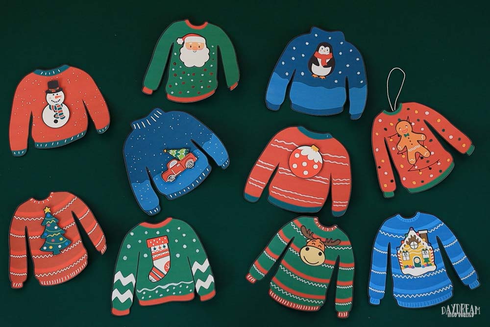 Paper ugly sweater crafts (snowman, Christmas tree, stocking, Santa, Penguin, Ornament, Gingerbread man, Reindeer, Gingerbread house