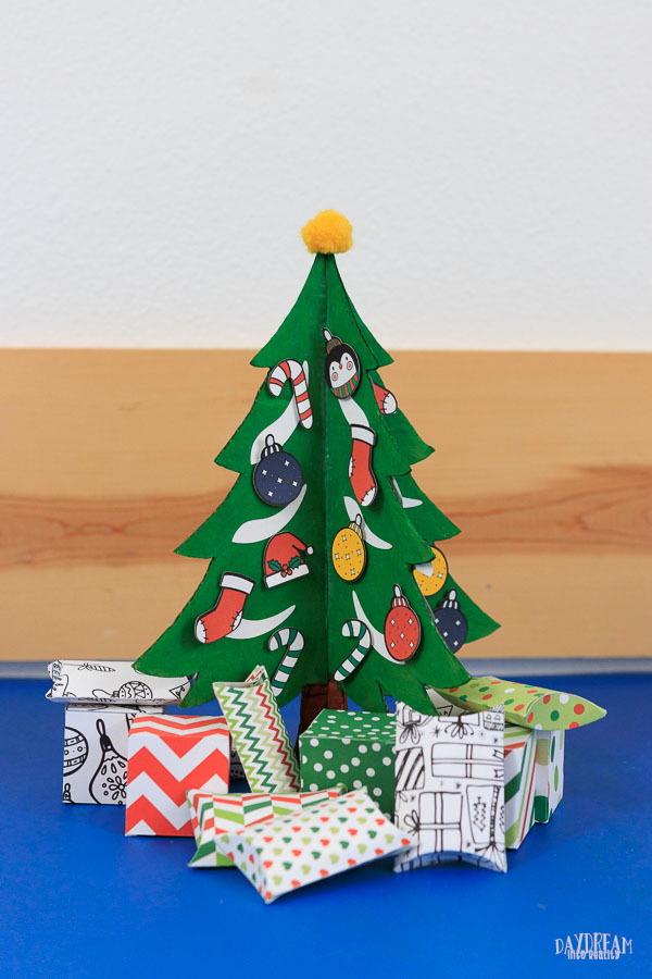 Cardboard Christmas Tree Craft Kids - Little paper ornaments and gift boxes.