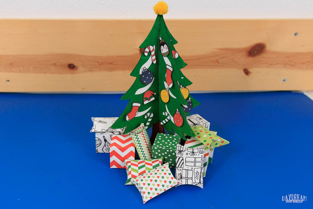 Cardboard Christmas Tree Craft Kids - Little paper ornaments and gift boxes.