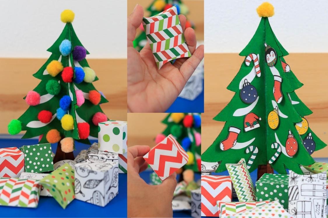 3D Cardboard Christmas Tree with Printable ornaments and pom poms. with gift boxes.