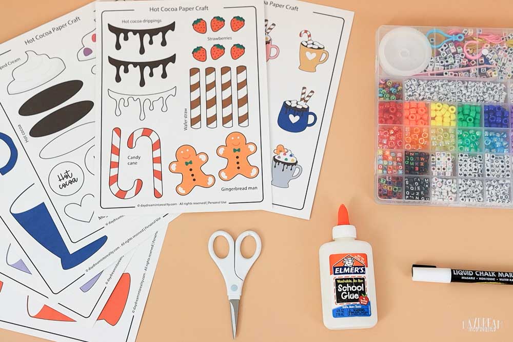 materials for making a paper hot cocoa craft for kids