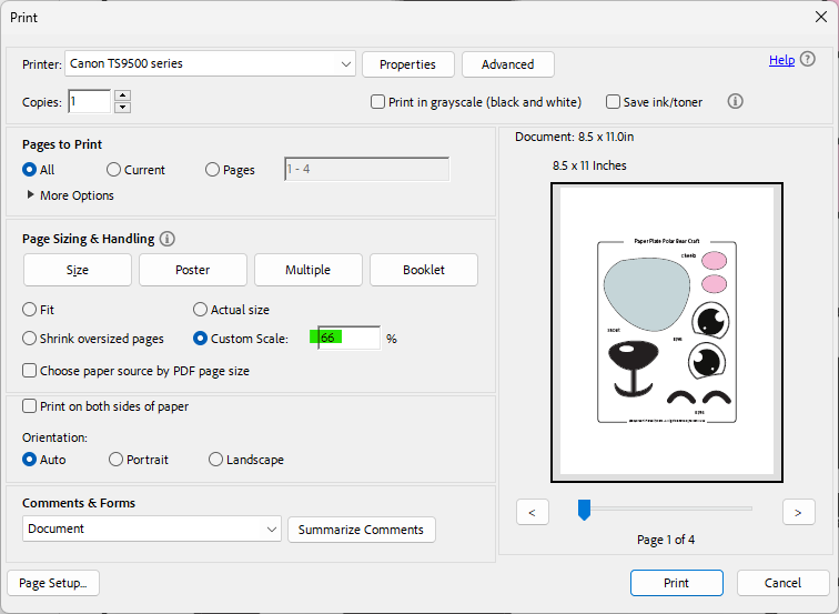 Polar Bear Paper Plate Craft Printing Settings