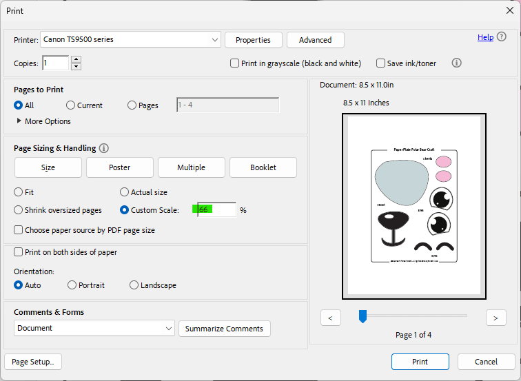 Polar Bear Paper Plate Craft Printing Settings