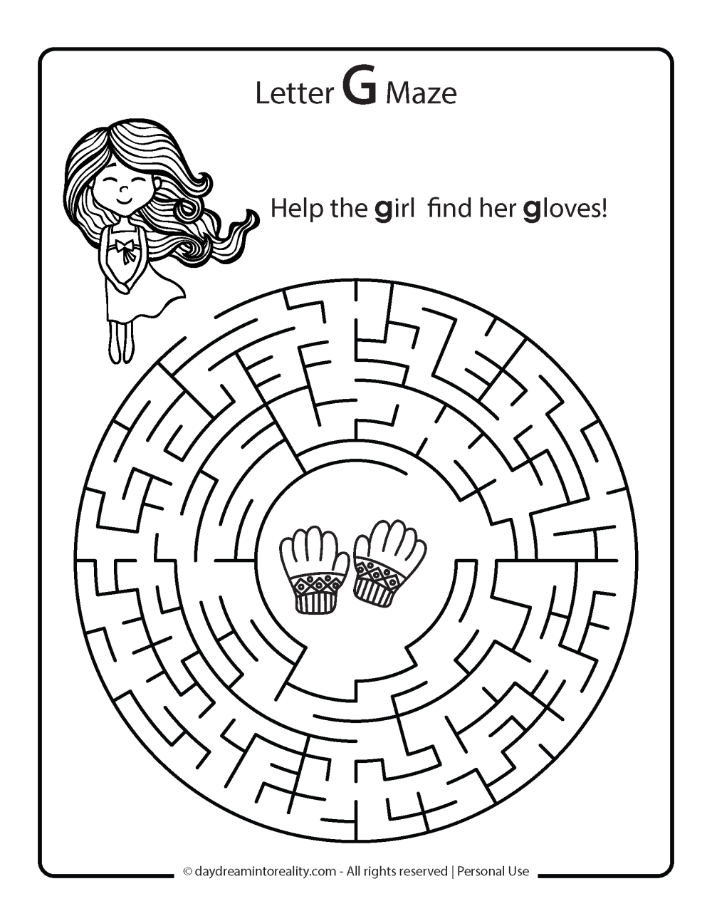 Letter G Maze - Help the girl find her gloves.