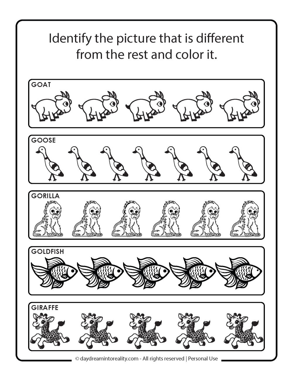 Letter G - Identify the different illustration (all words start with g).