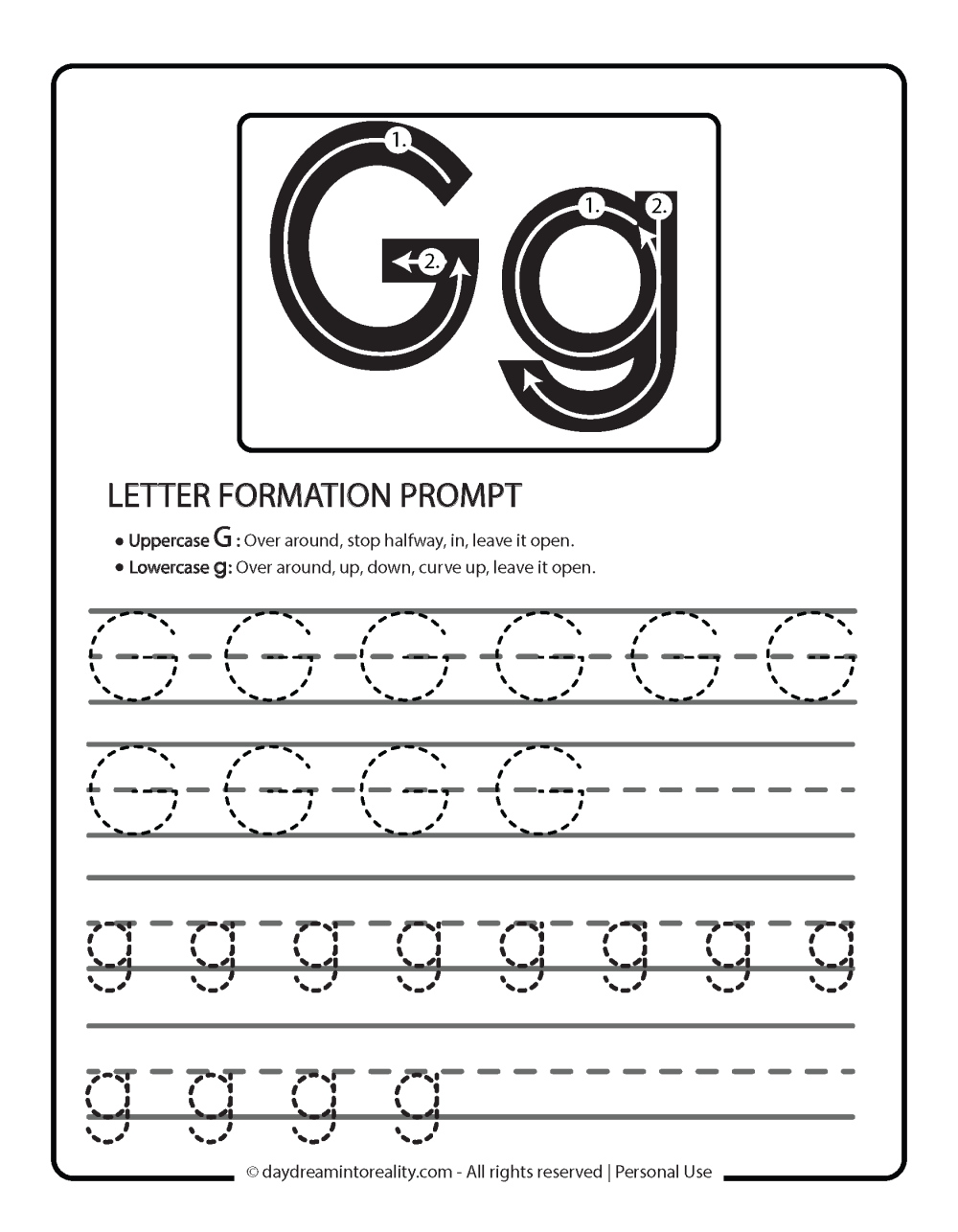 Letter G formation prompts and letter tracing practice.