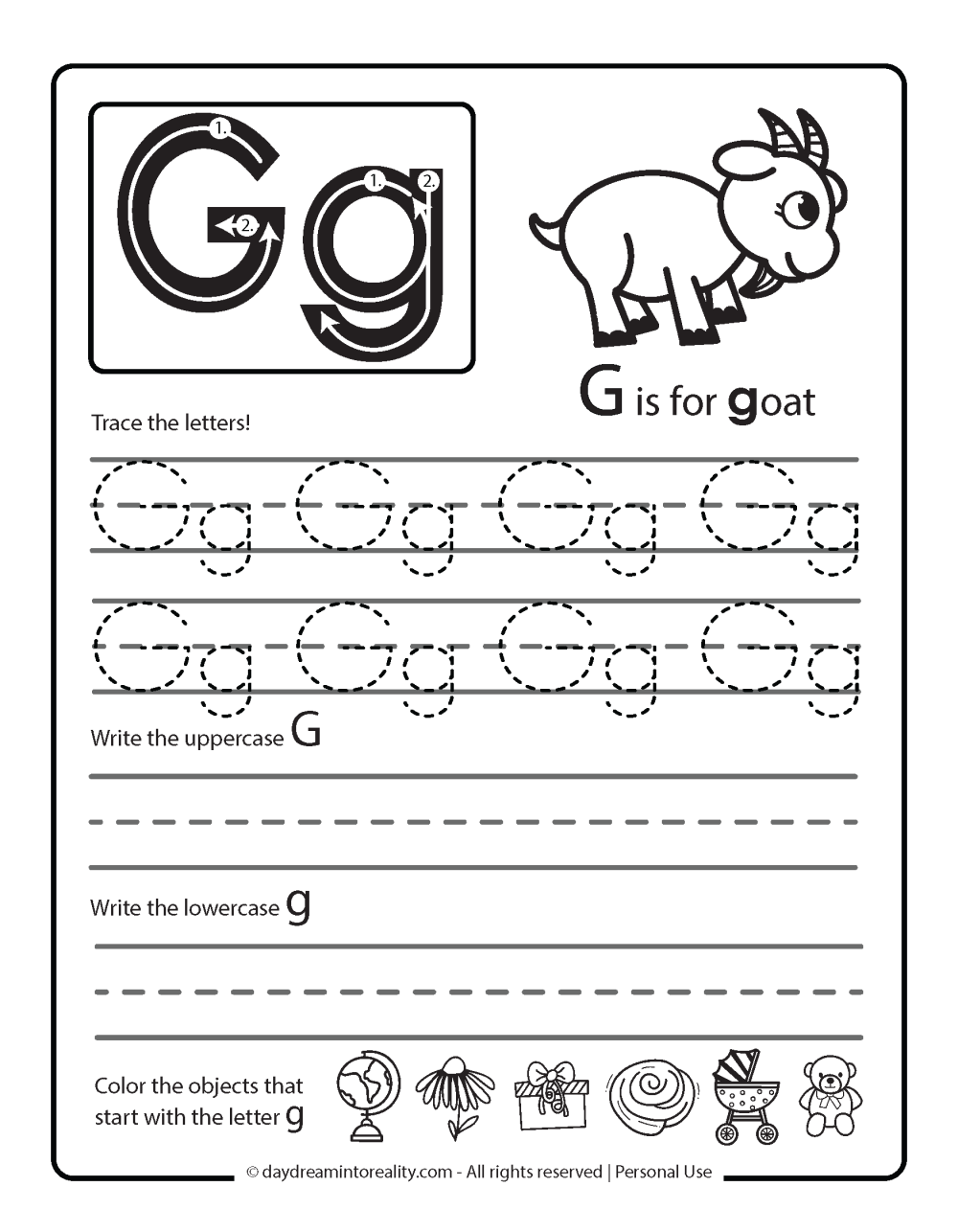 Letter G tracing practice sheet - G is for goat.