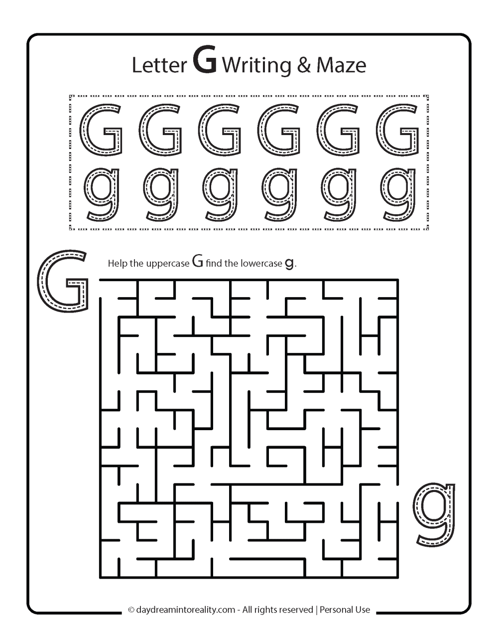 Letter G Tracing practice and maze.