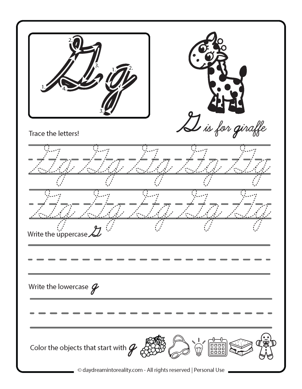 Letter G - G is for giraffe and letter g tracing practice sheet in cursive.