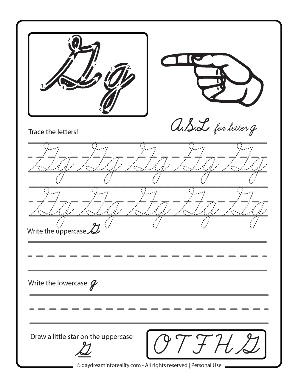 Letter G - Letter tracing G in cursive with coloring ASL Sign.