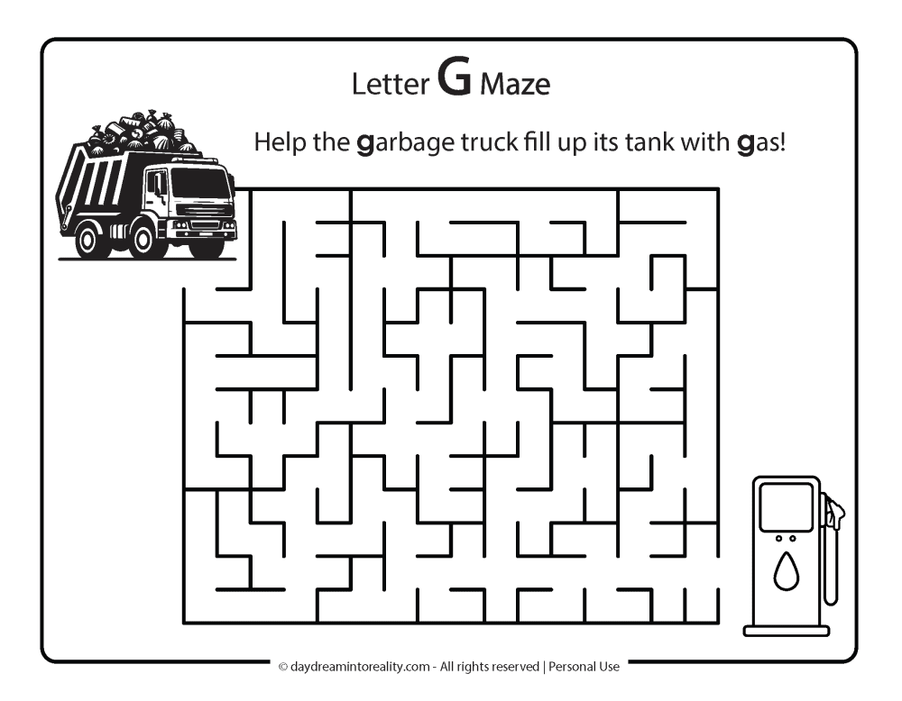 Letter G maze - Help the garbage truck fill up its tank with gas.