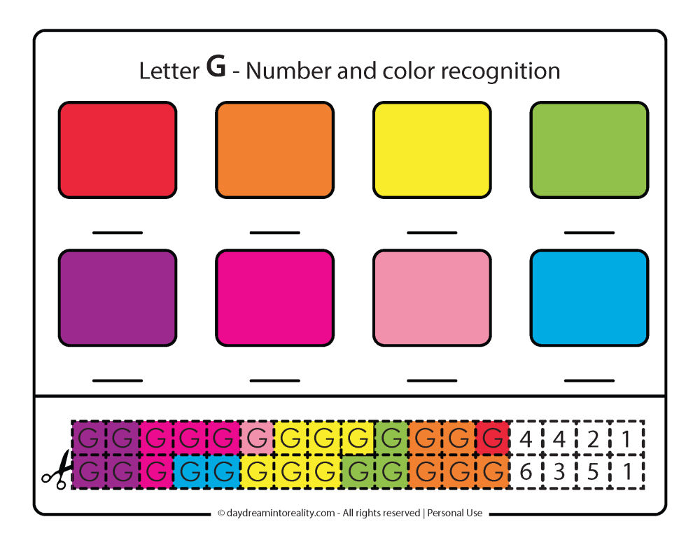 Color, number and uppercase G recognition. Cut and paste activity.