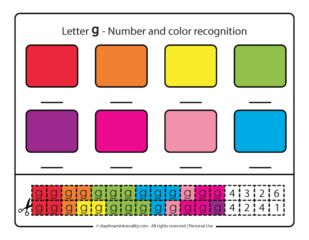 Color, number and lowercase G recognition. Cut and paste activity.