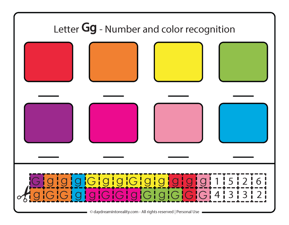 Color, number and letter G recognition. Cut and paste activity.