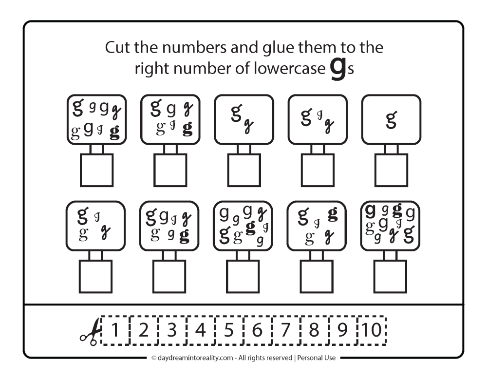 Lowercase G - Cut and Paste with number recognition activity