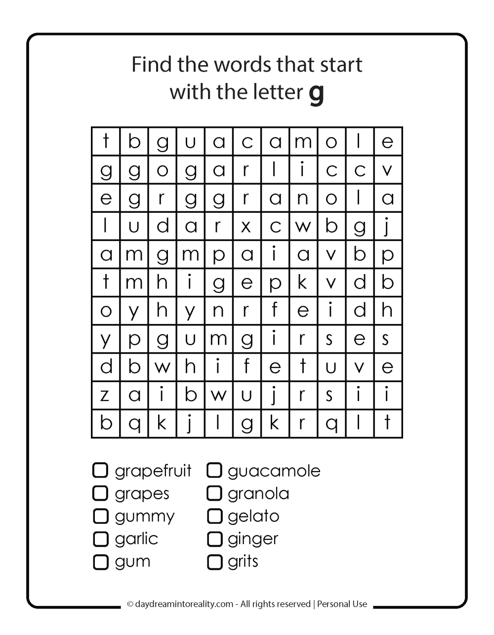 Letter G Word Search 1