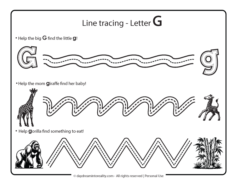 Letter G - Line tracing practice worksheet free printable 3.