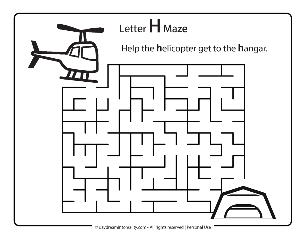 Letter H Free PDF Printable - helicopter maze