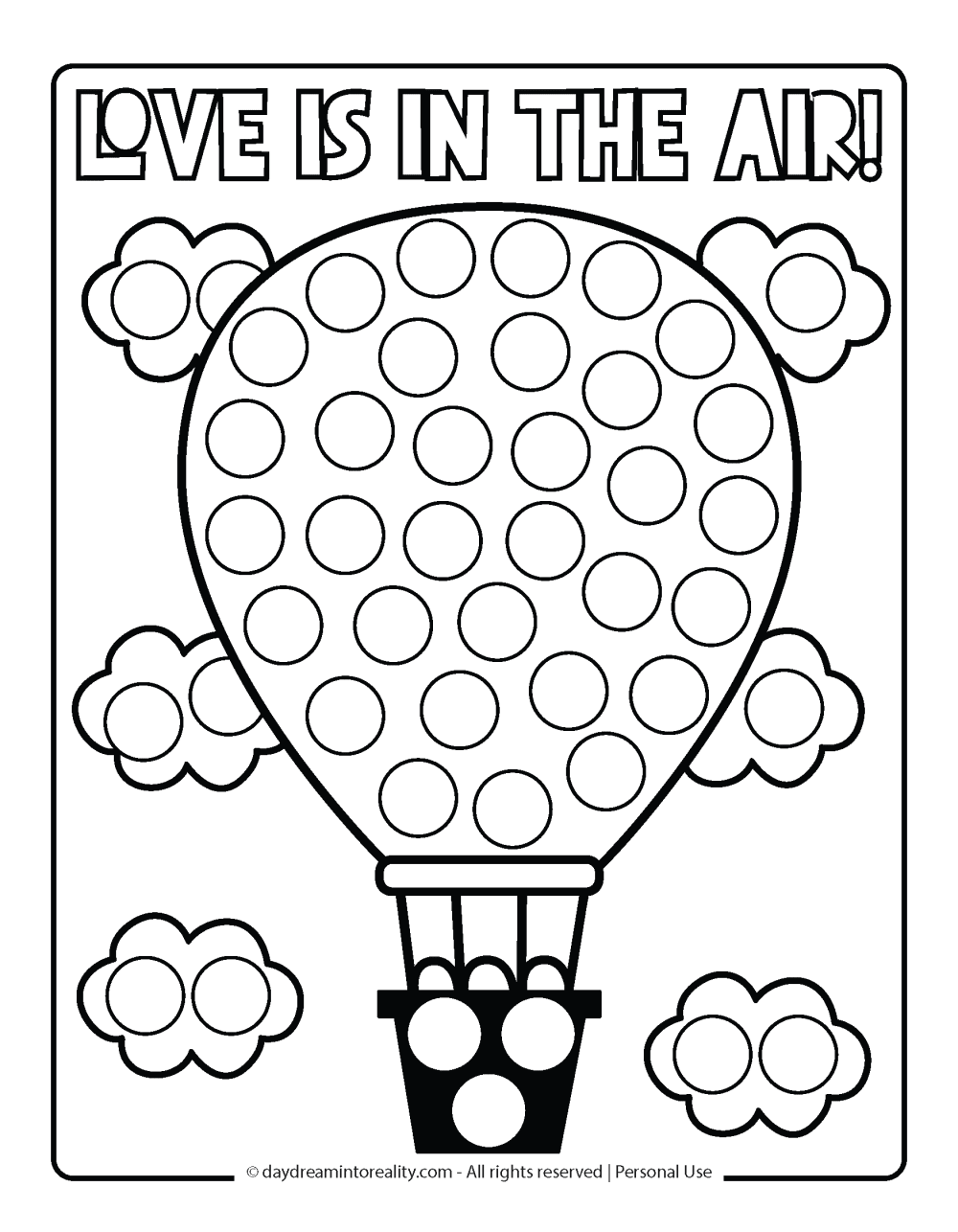 Valentine's Day Dot Marker Page - Love is in the air with hot air balloon.