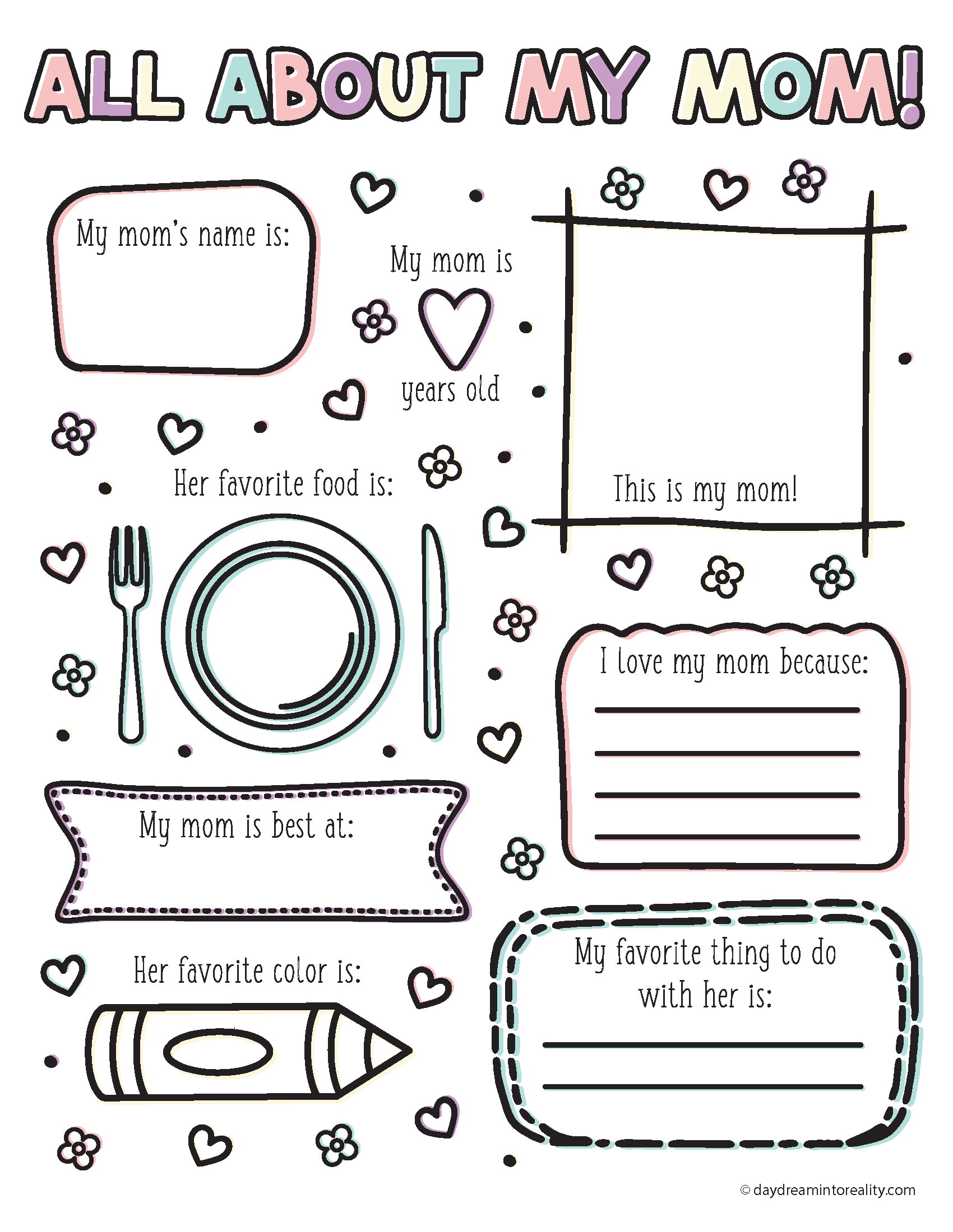 Printable all about my mom for preschool, kindergarten, young children, free printable in color