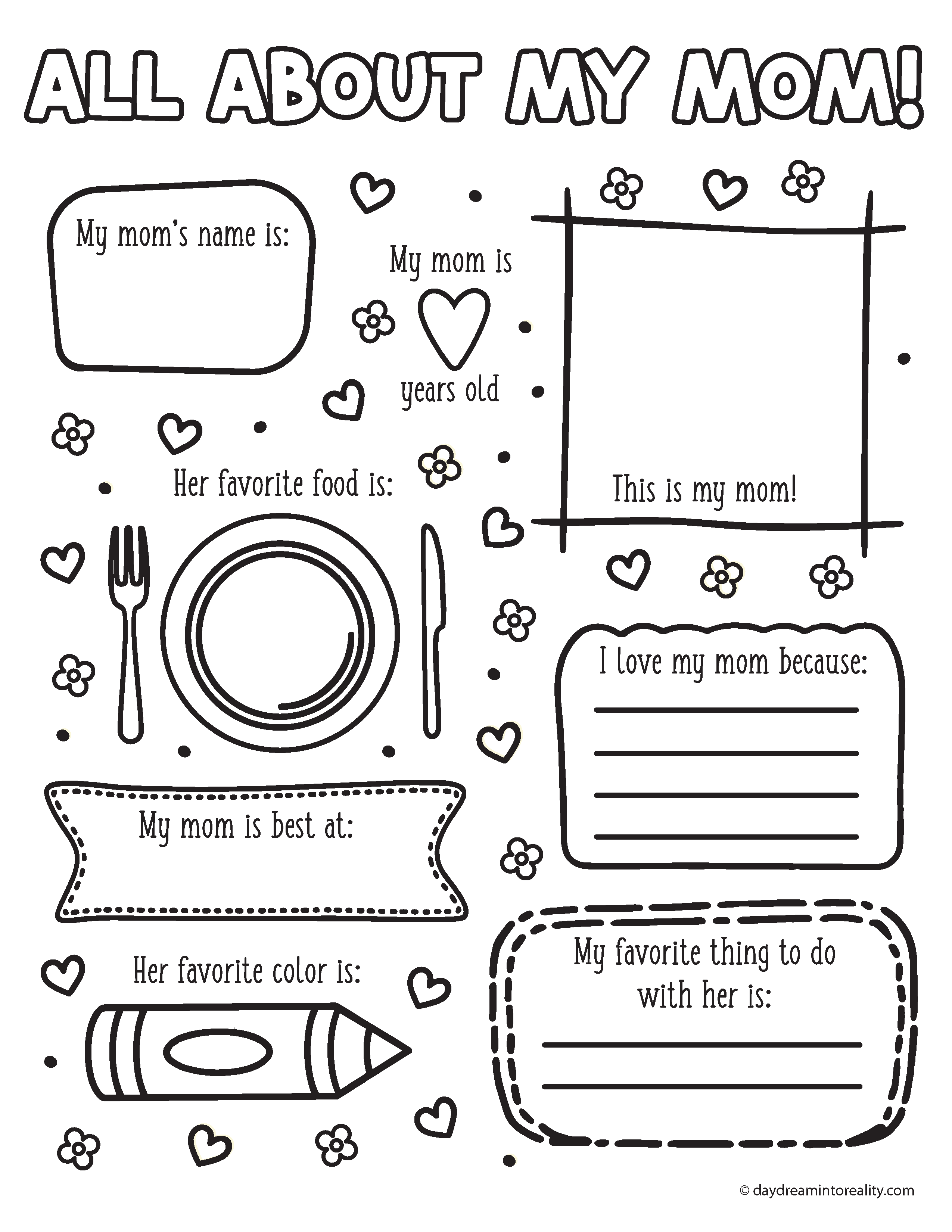 Printable all about my mom for preschool, kindergarten, young children, free printable black and white