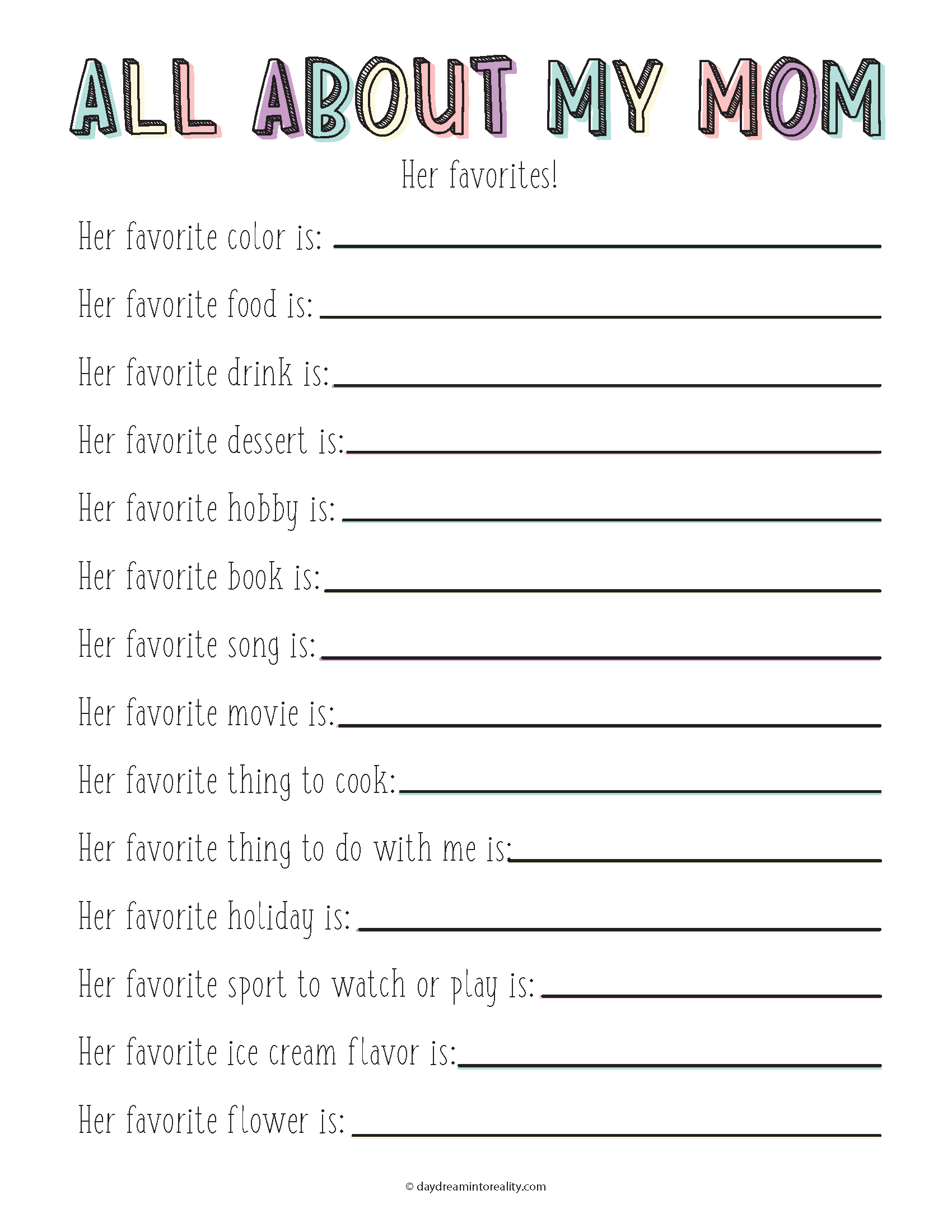 all about mom for big kids and teens free printable.