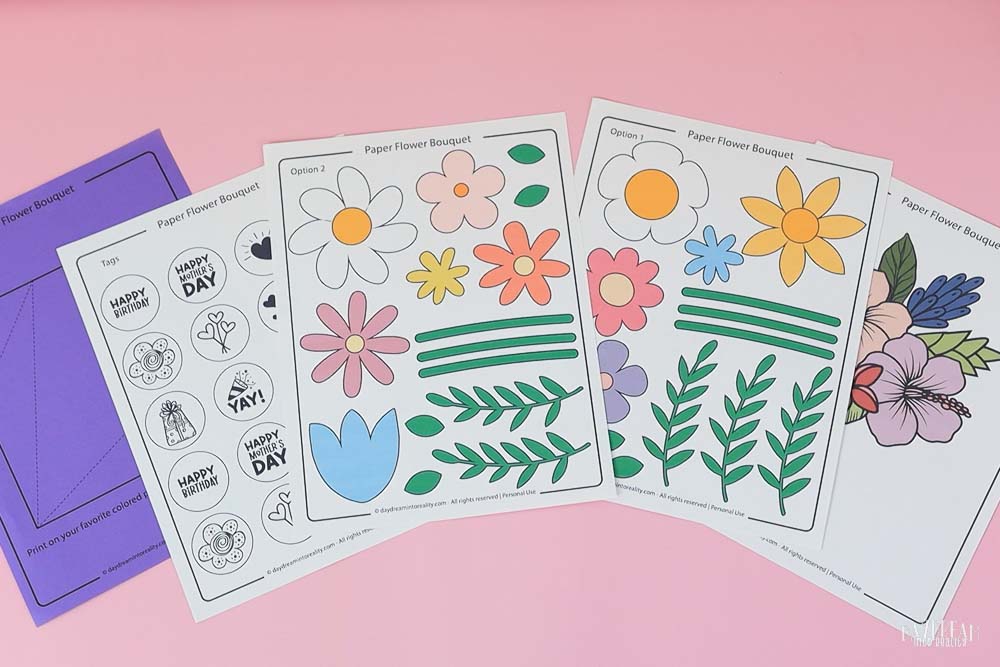 Printed paper flower bouquet template in color