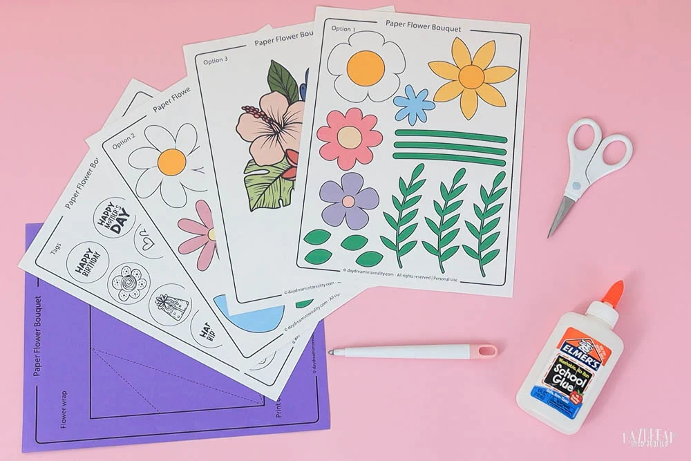 materials for making a Paper Flower Bouquet Craft for Kids