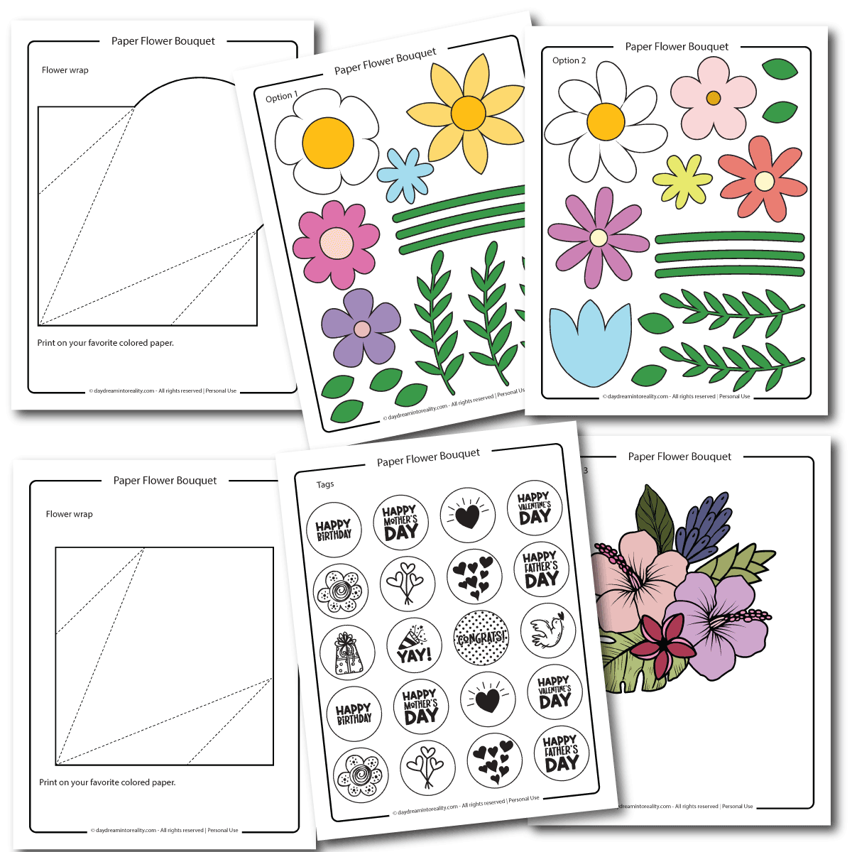 Free PDF paper flower bouquet template in color