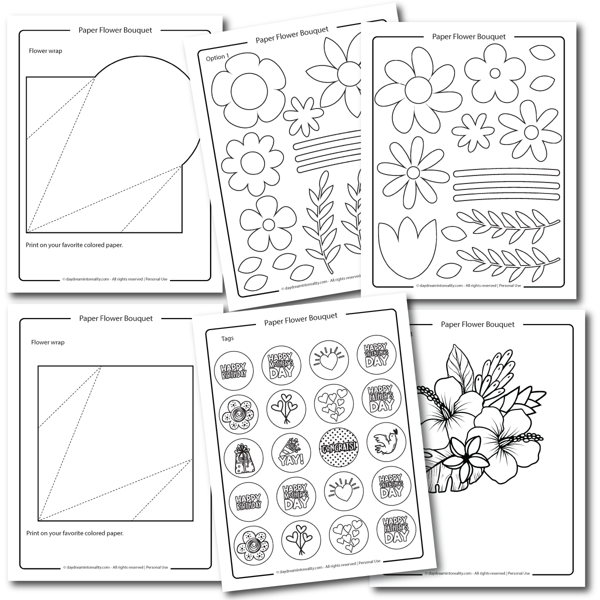 Free PDF paper flower bouquet template for coloring