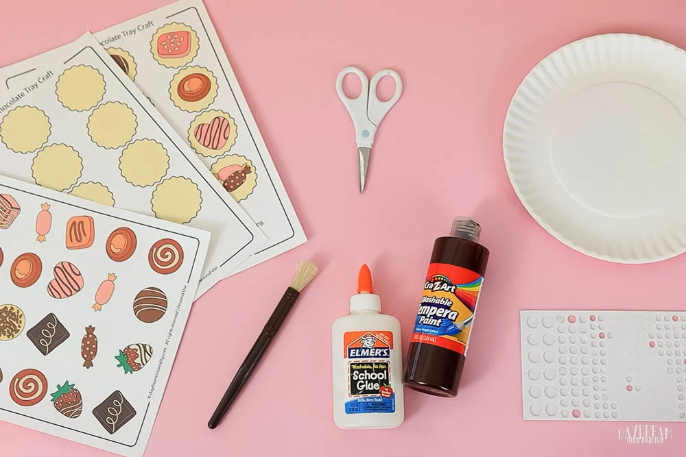 materials for making a paper plate chocolate tray craft for kids