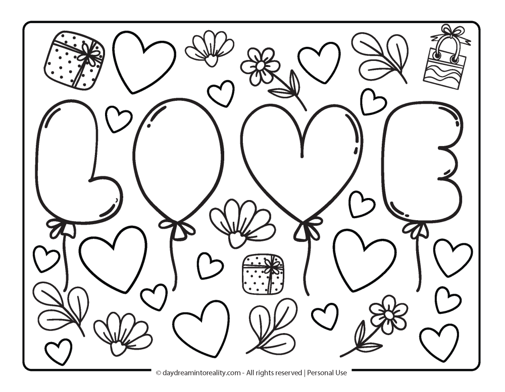 Valentines Day Coloring Page - Balloons spelling Love.