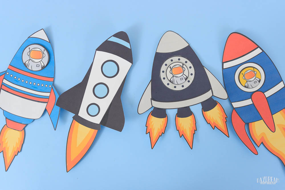 four different styles of paper (build a) rocket crafts for kids