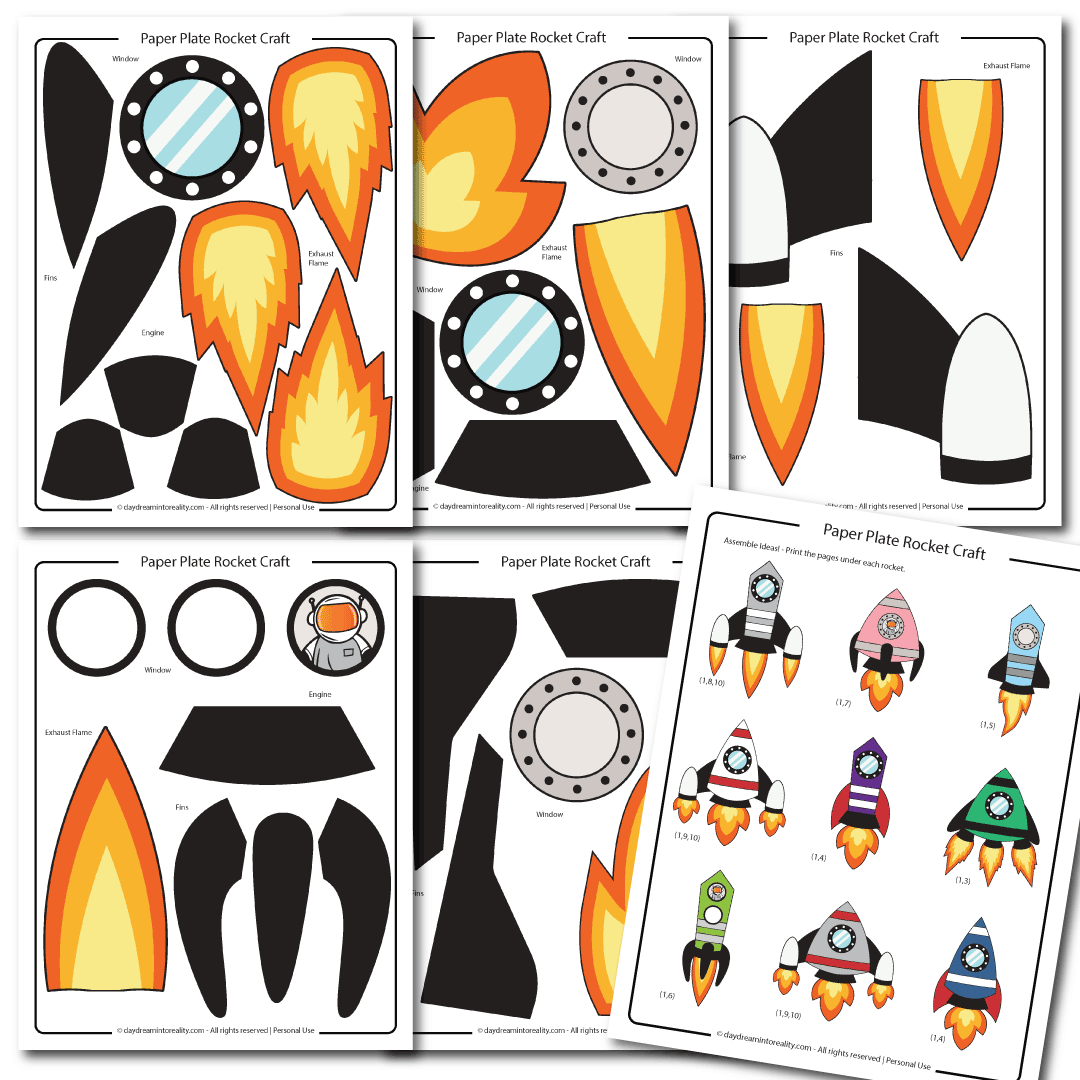 Paper plate rocket craft template in color