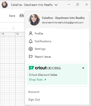 Cricut Design Space - profile drop-down menu