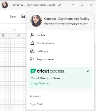 Cricut Design Space - profile drop-down menu