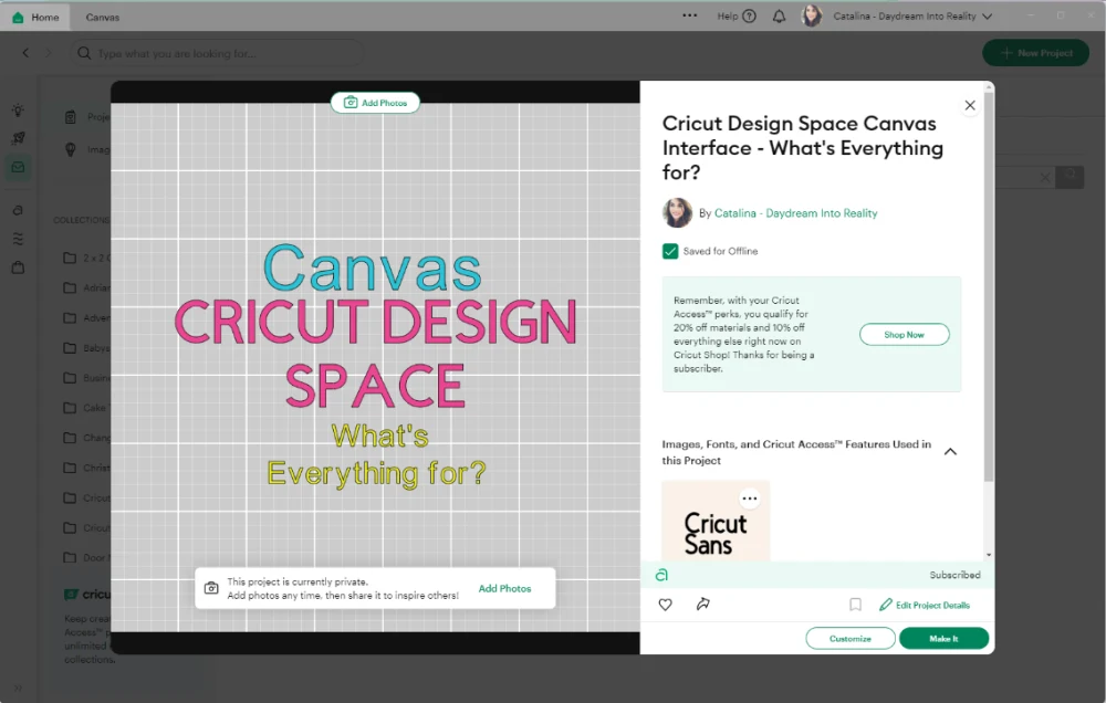 Cricut Design Space - name of project