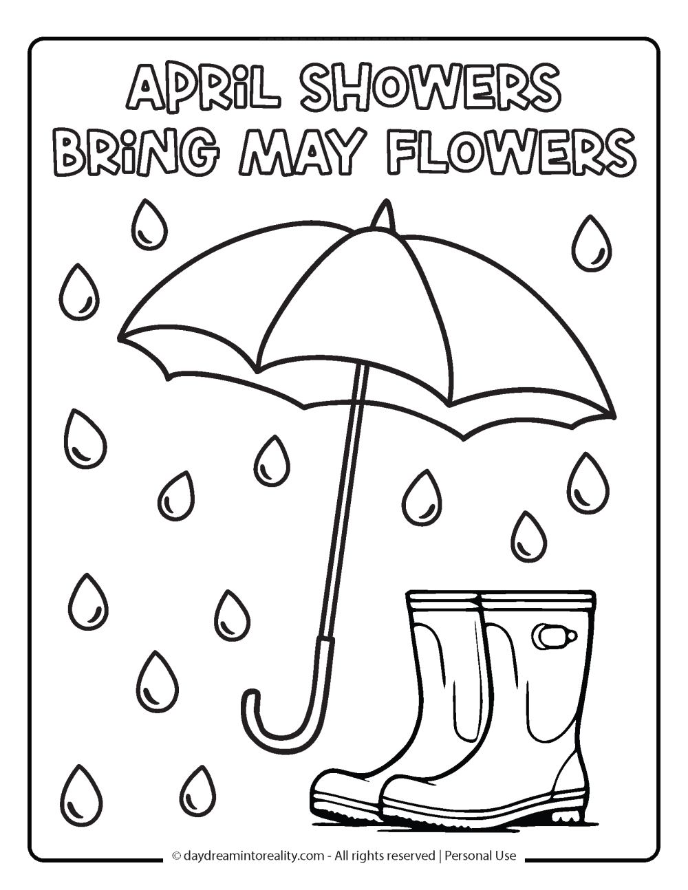 Spring Coloring Page - April shower bring May flowers - rain, umbrella covering boots