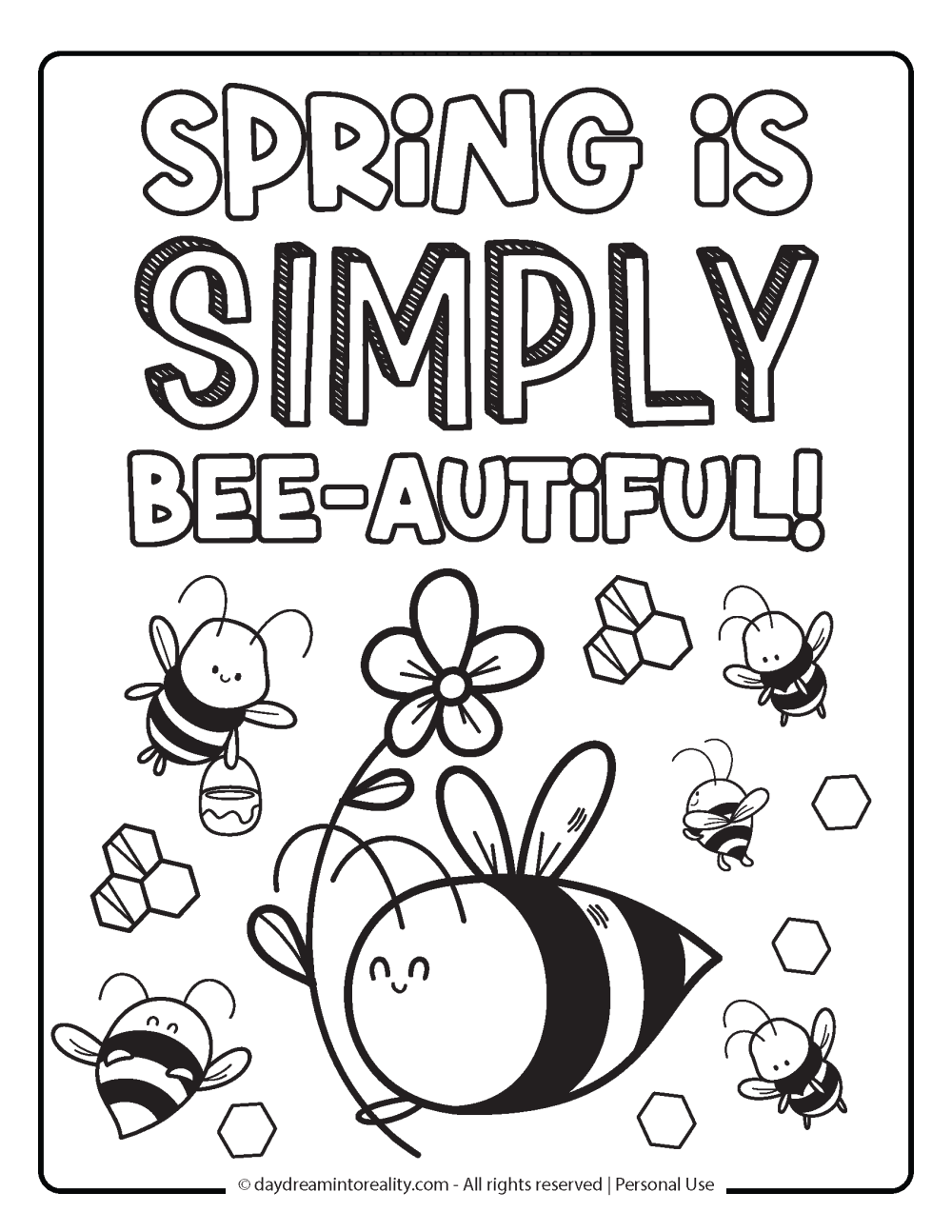 Spring Coloring Page - Spring is simply bee-utiful phrases with many bees.