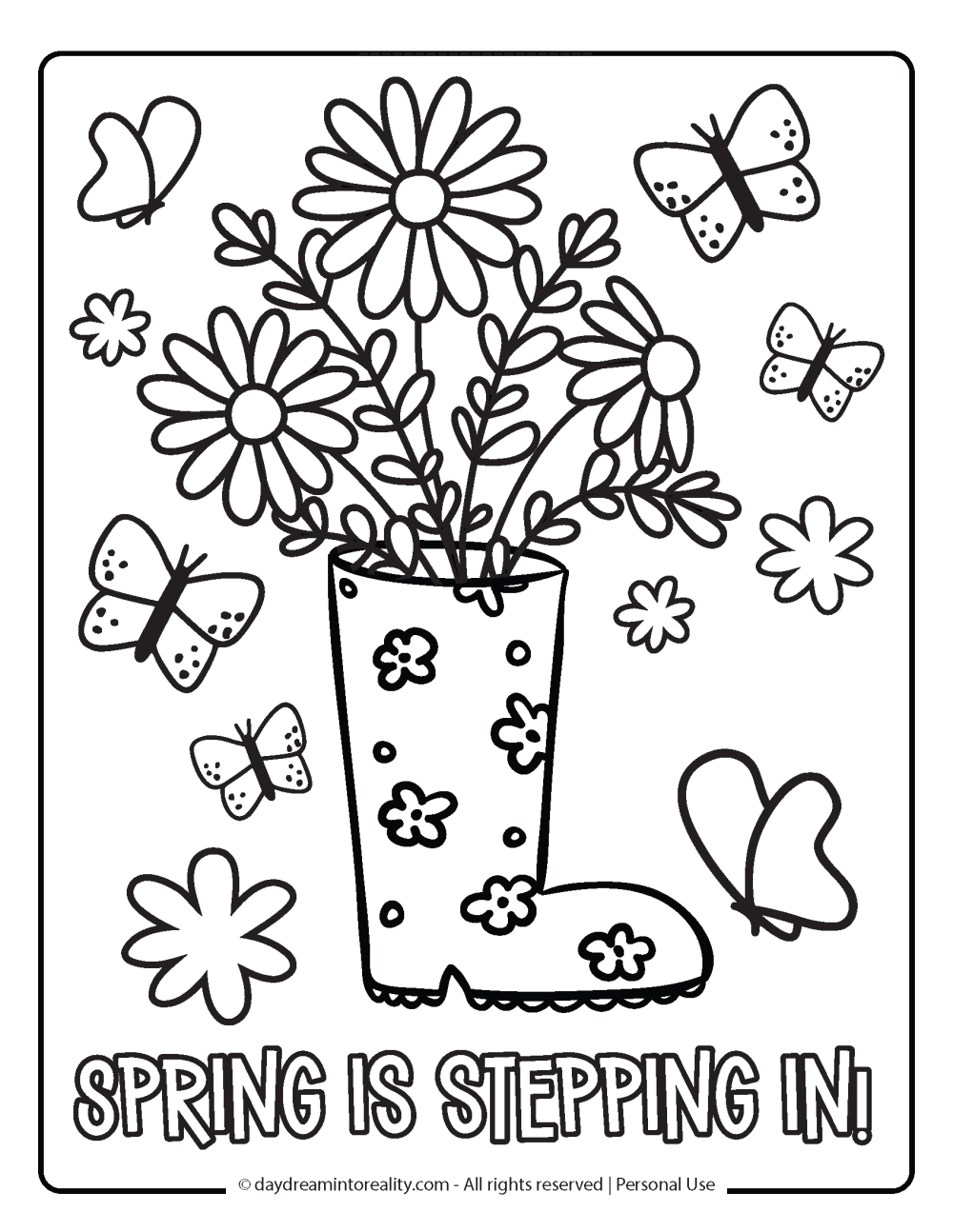 Spring Coloring Page - Spring is stepping in, blooming boot, surrounded by butterflies.