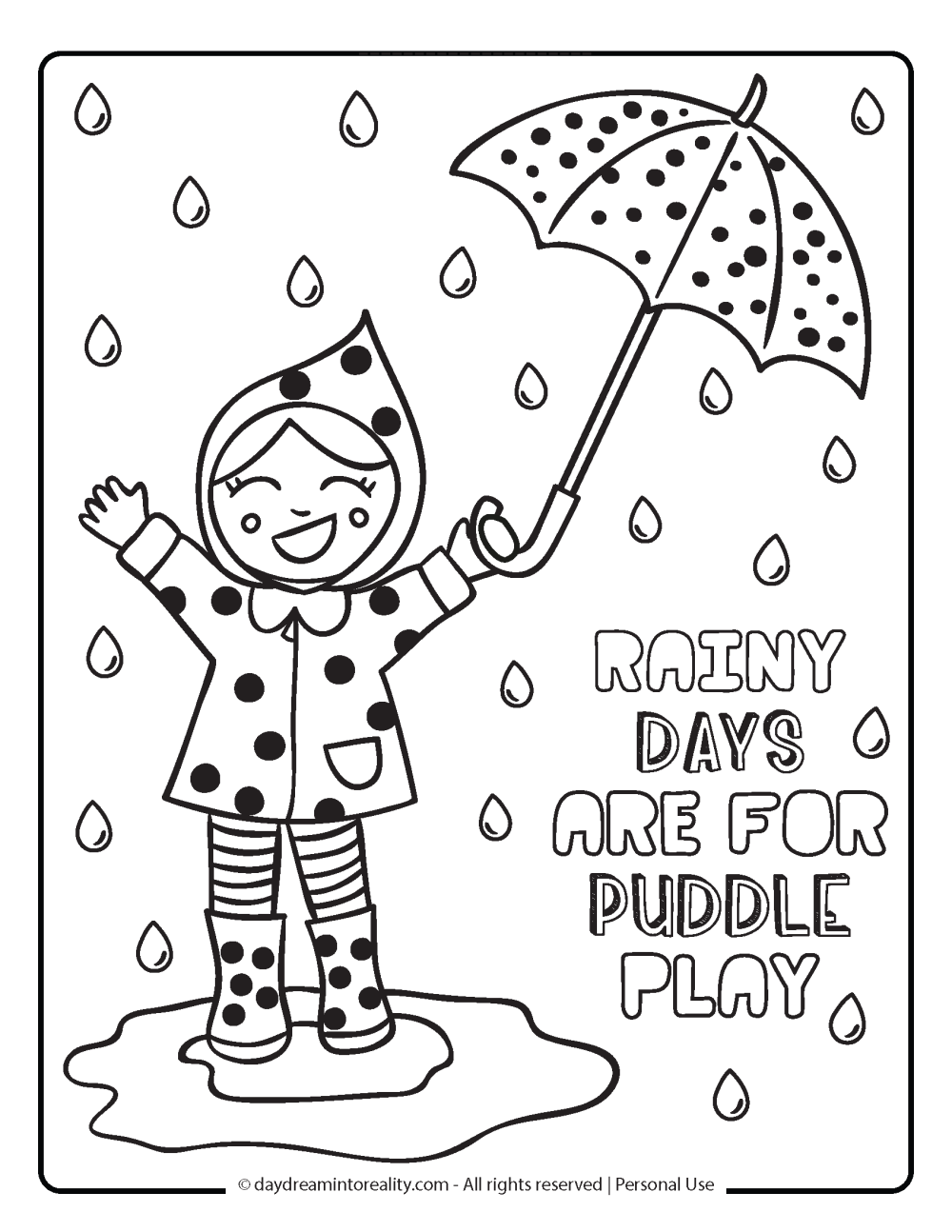 Spring Coloring Page - Girl playing in the rain.